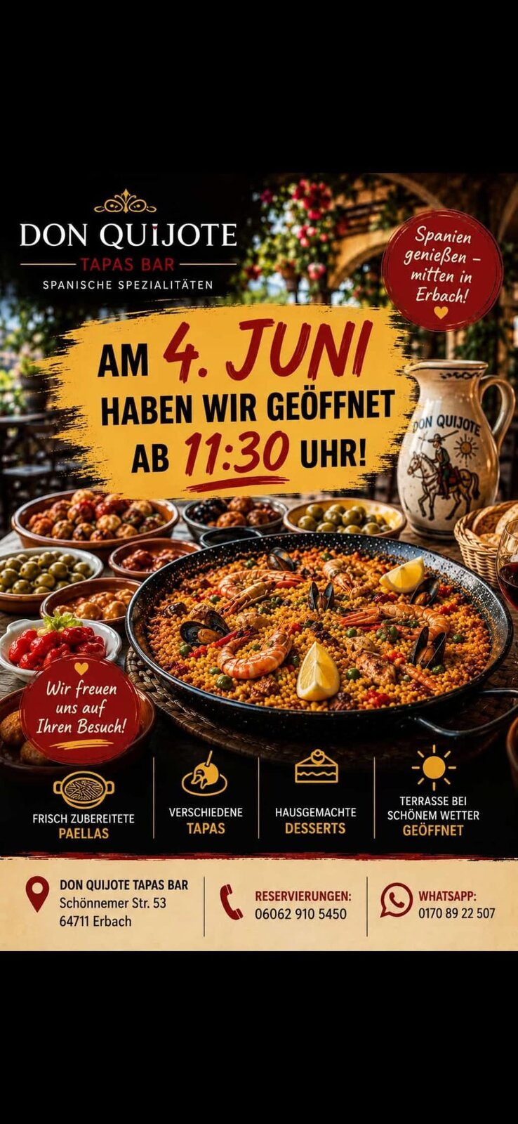Plakat: Don Quijote Tapas Bar – Öffnung am 4. Juni