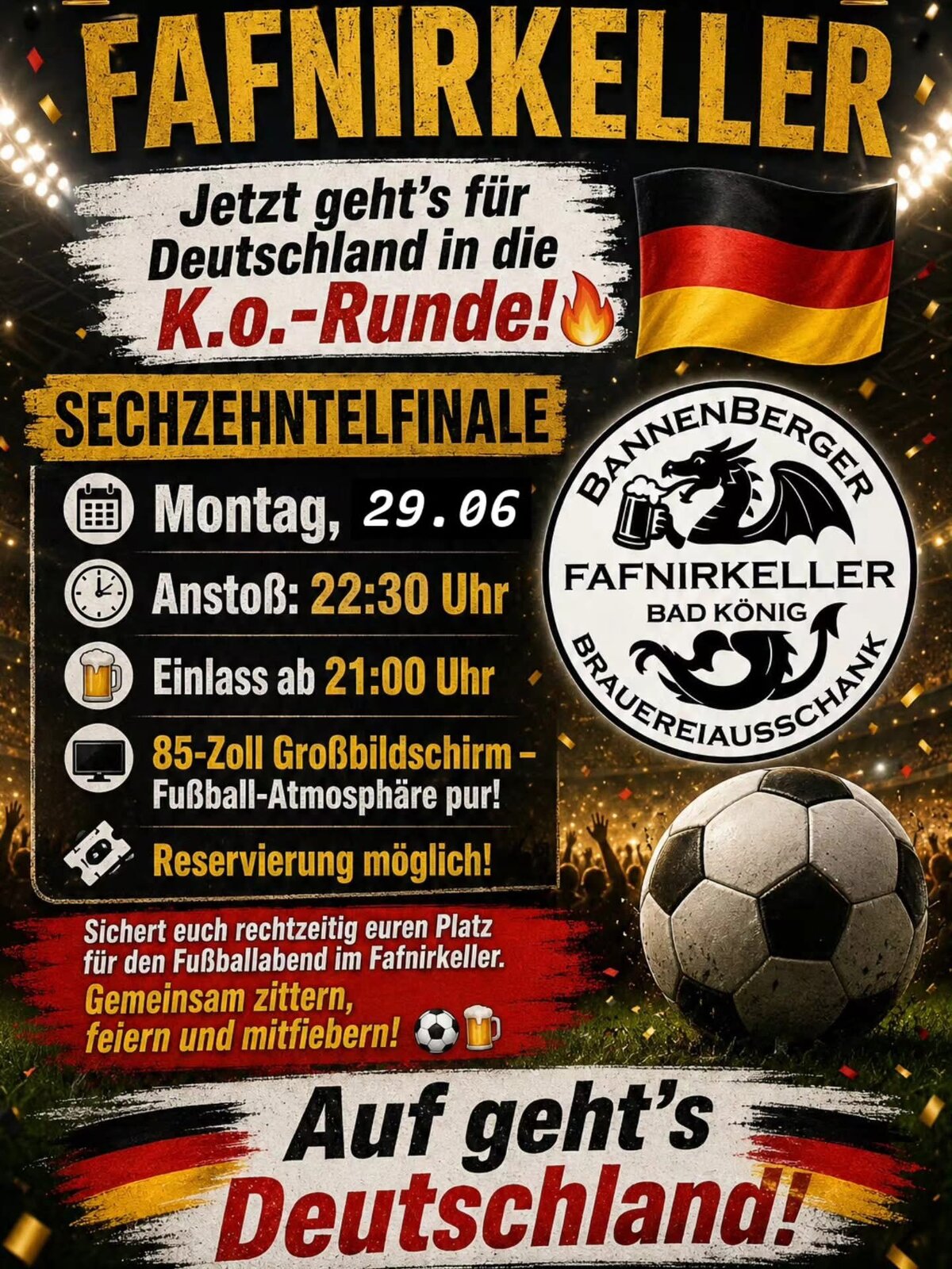 Plakat: Fafnirkeller – Sechzehntelfinale: Jetzt geht's für Deutschland in die K.o.-Runde!