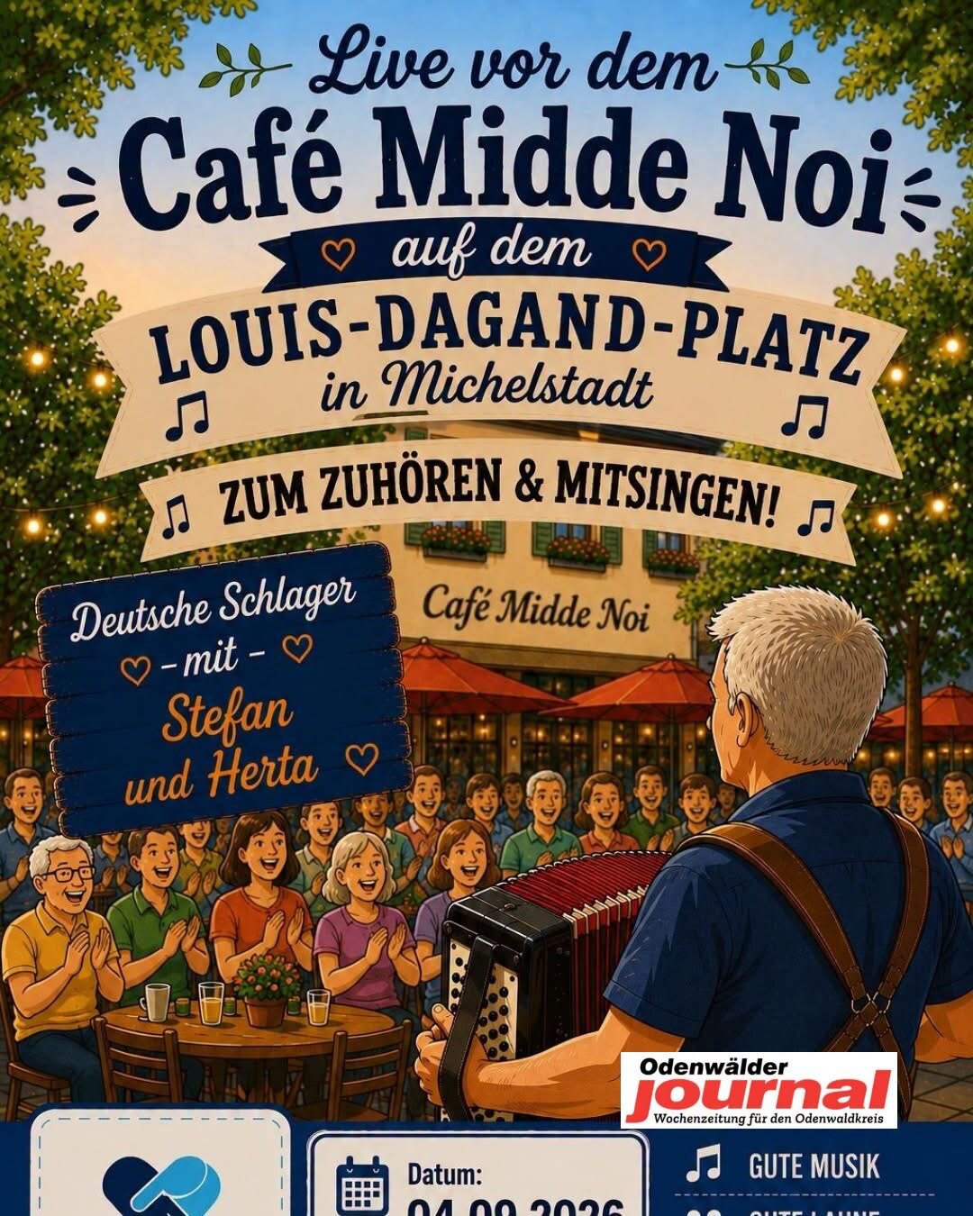 Plakat: Live vor dem Café Midde Noi – Deutsche Schlager mit Stefan und Herta