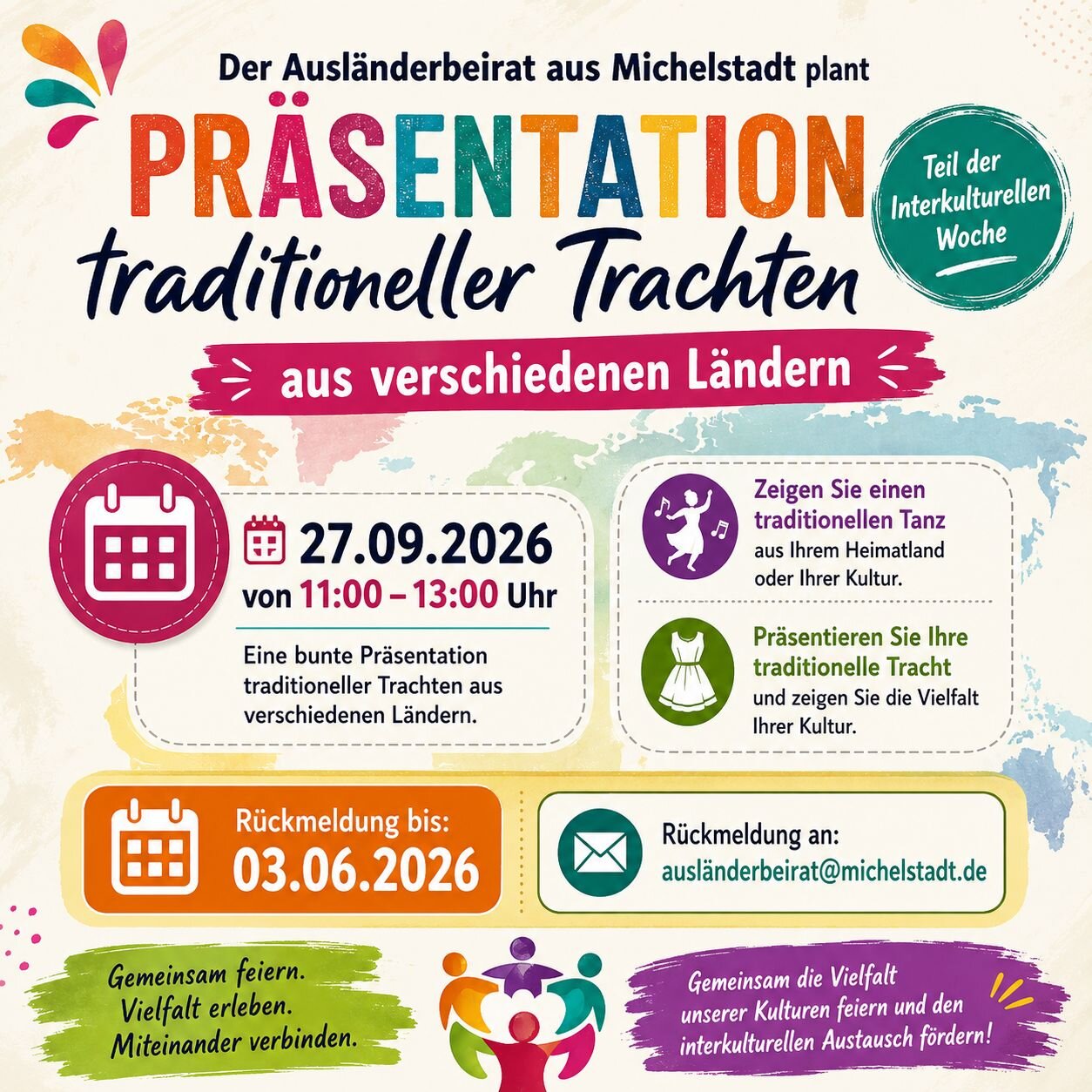 Plakat: Präsentation traditioneller Trachten aus verschiedenen Ländern