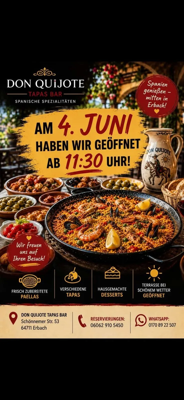 Plakat: Don Quijote Tapas Bar – Öffnung am 4. Juni
