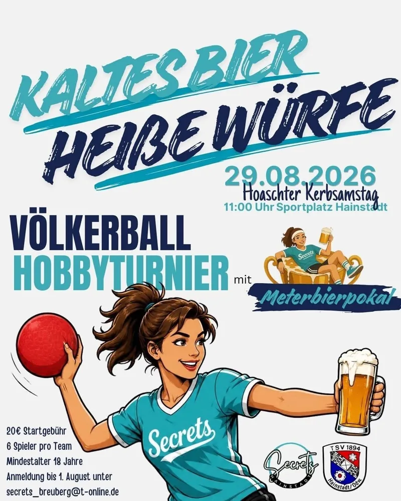 Plakat: Kaltes Bier Heiße Würfe – Völkerball Hobbyturnier mit Meterbierpokal