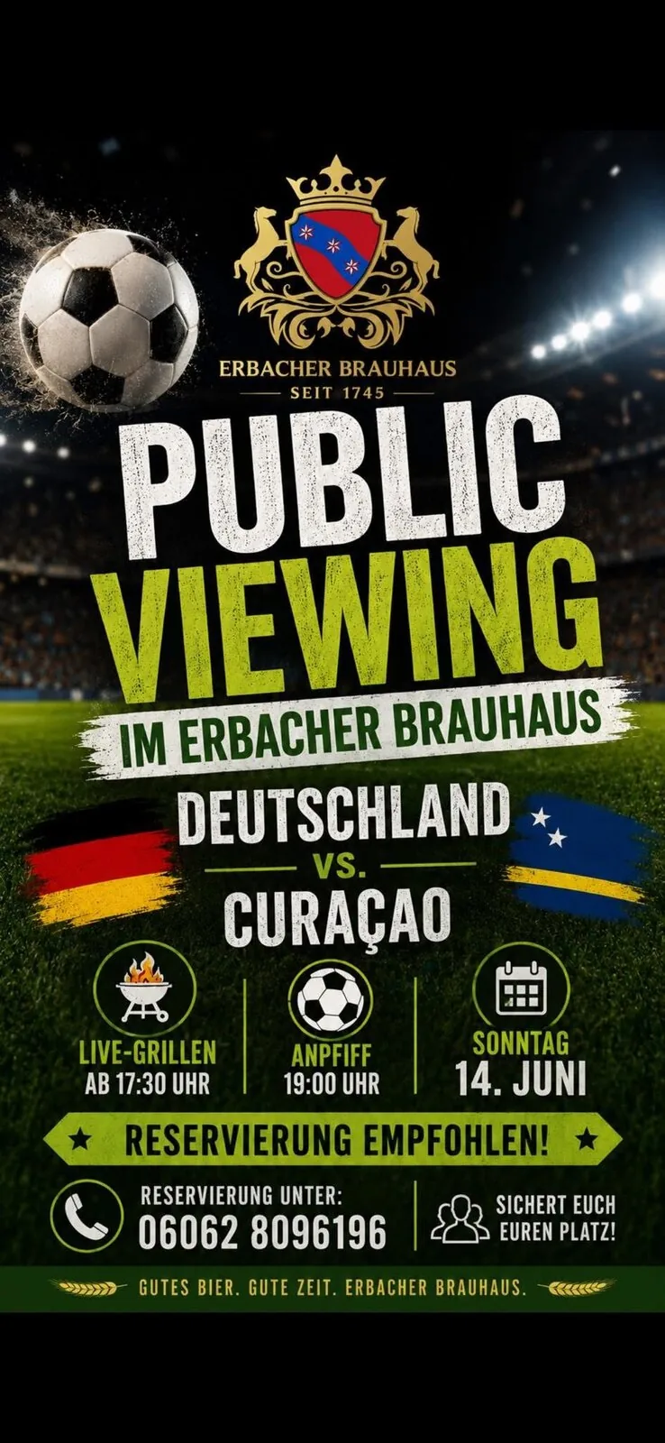 Plakat: Public Viewing im Erbacher Brauhaus – Deutschland vs. Curaçao
