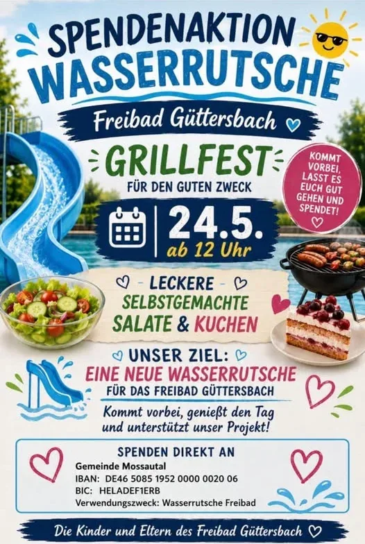 Plakat: Spendenaktion Wasserrutsche – Grillfest für den guten Zweck