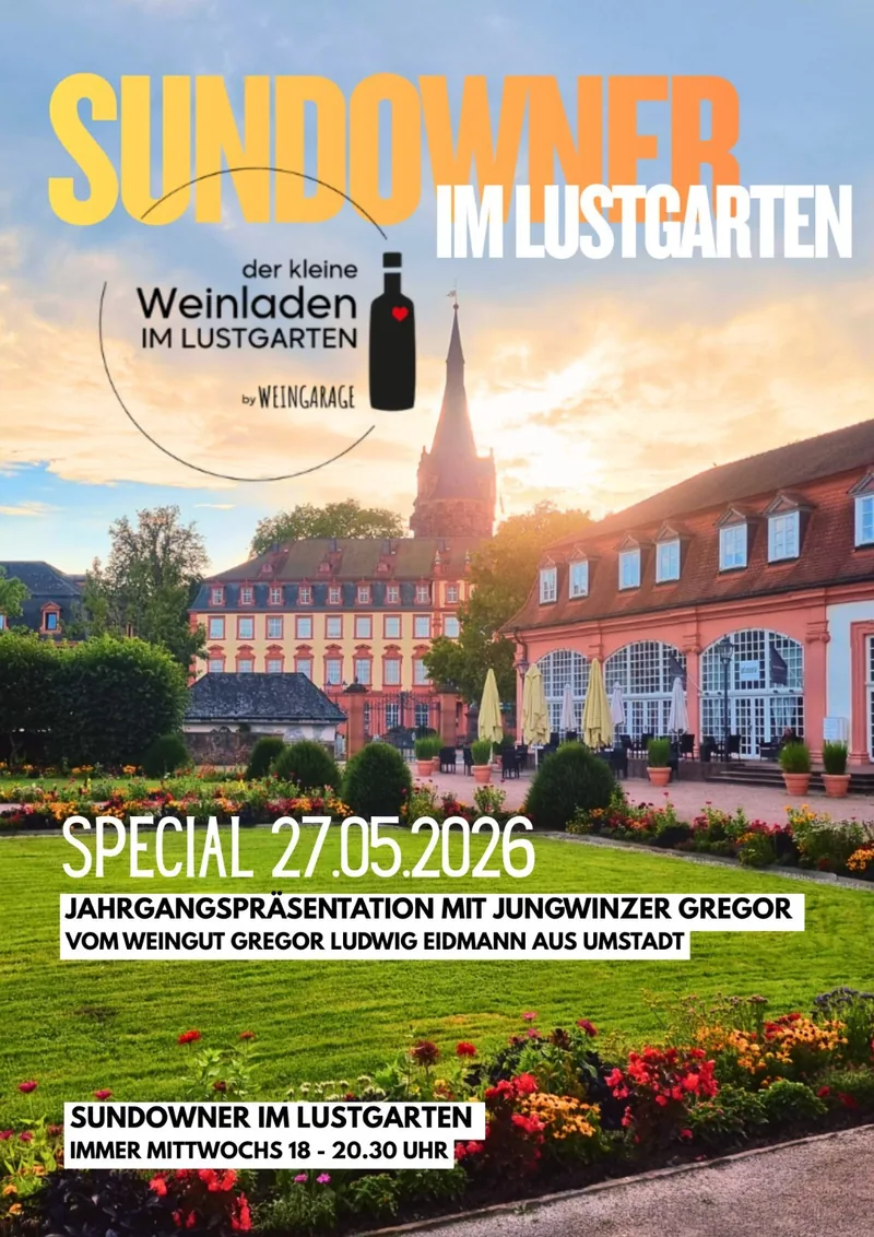 Plakat: Sundowner im Lustgarten – Jahrgangspräsentation mit Jungwinzer Gregor