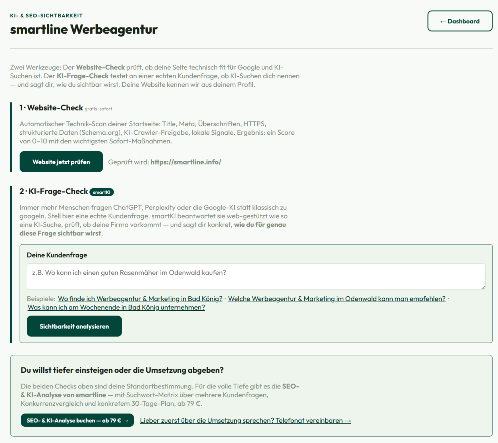 KI- und SEO-Sichtbarkeits-Check im Mitgliederbereich — Website-Check und smartKI-Frage-Check