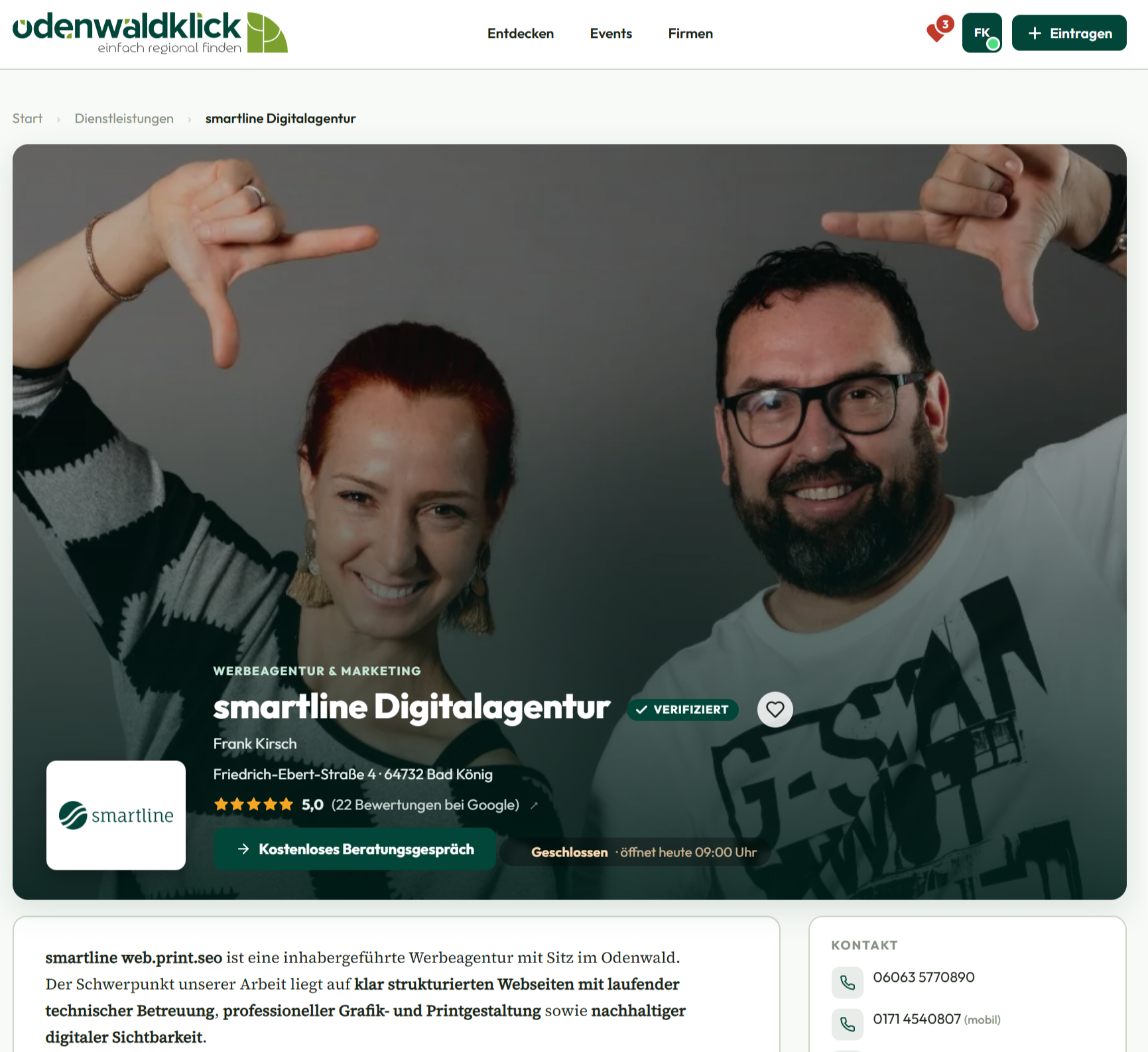 Beispiel-Firmenprofil auf Odenwaldklick mit Hero-Bild, Bewertungen und Kontaktdaten
