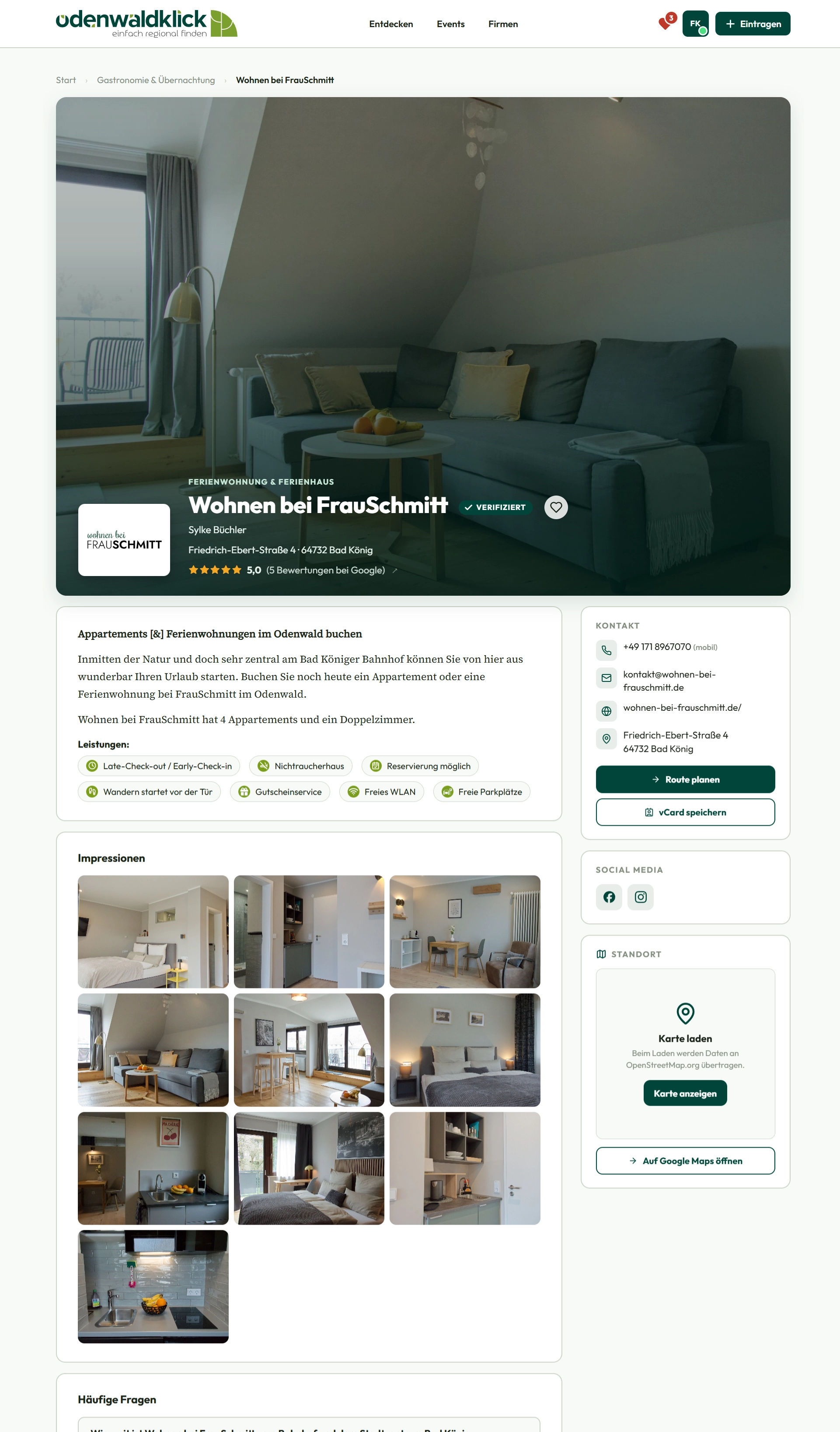 Firmenprofil einer Ferienwohnung mit Hero-Bild und Bildergalerie